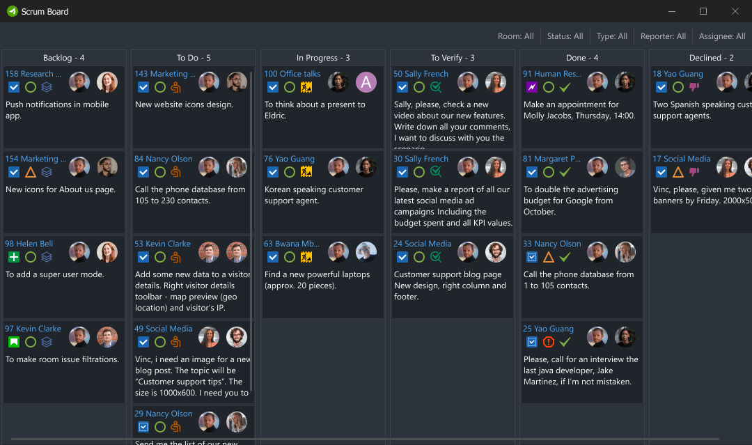Manage tasks with Virola integrated scrum board Scrum board in Virola messenger