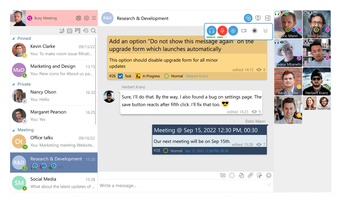 Join ongoing meetings with one click, no invitation needed Voice meetings in self-hosted Virola messenger