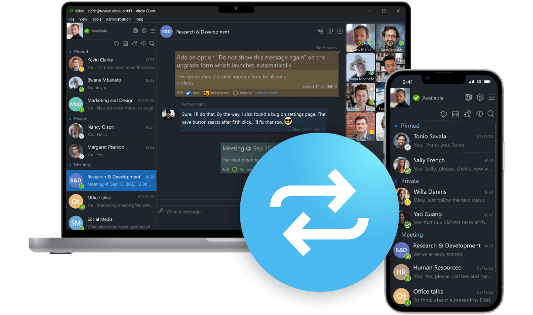Chat history is synchronized between different devices Chat history synchronization in Virola messenger